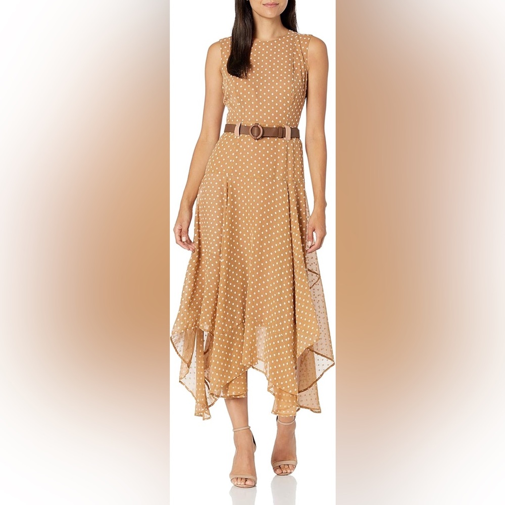 NWT Calvin Klein sleeveless midi dress. Size 8. Tan w/ white dots